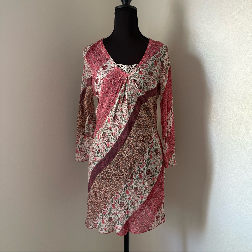 Motivi Floral and Paisley Long Sleeve Sheer Mini Dress- Size 8